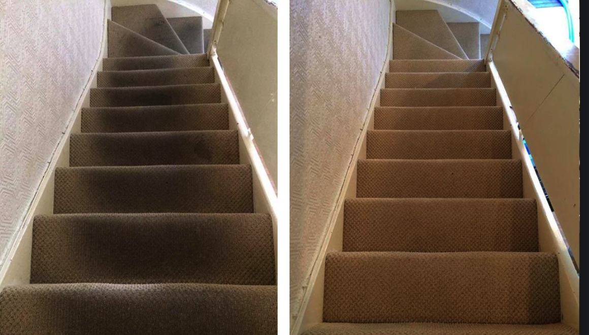 Staircase carpet before and after deep clean